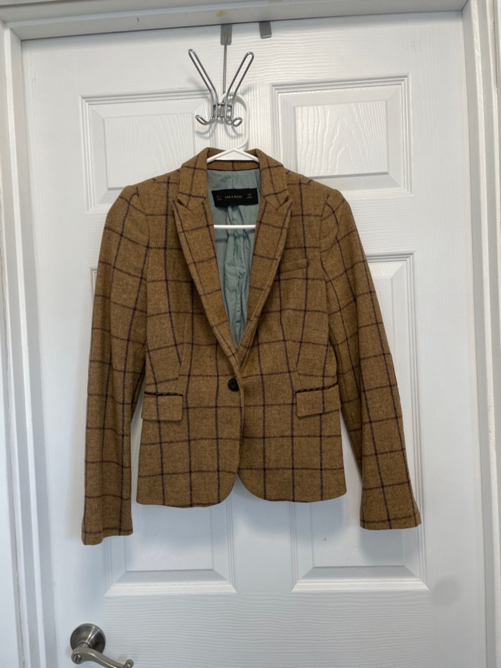 Zara Tan Windowpane Lambswool Elbow Patch Blazer Single Button